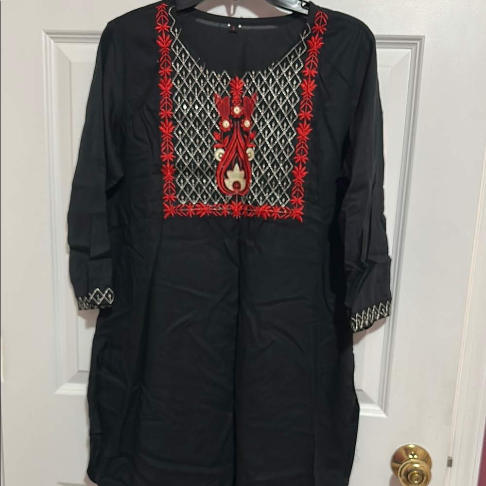 Embroidered Black Tunic Top